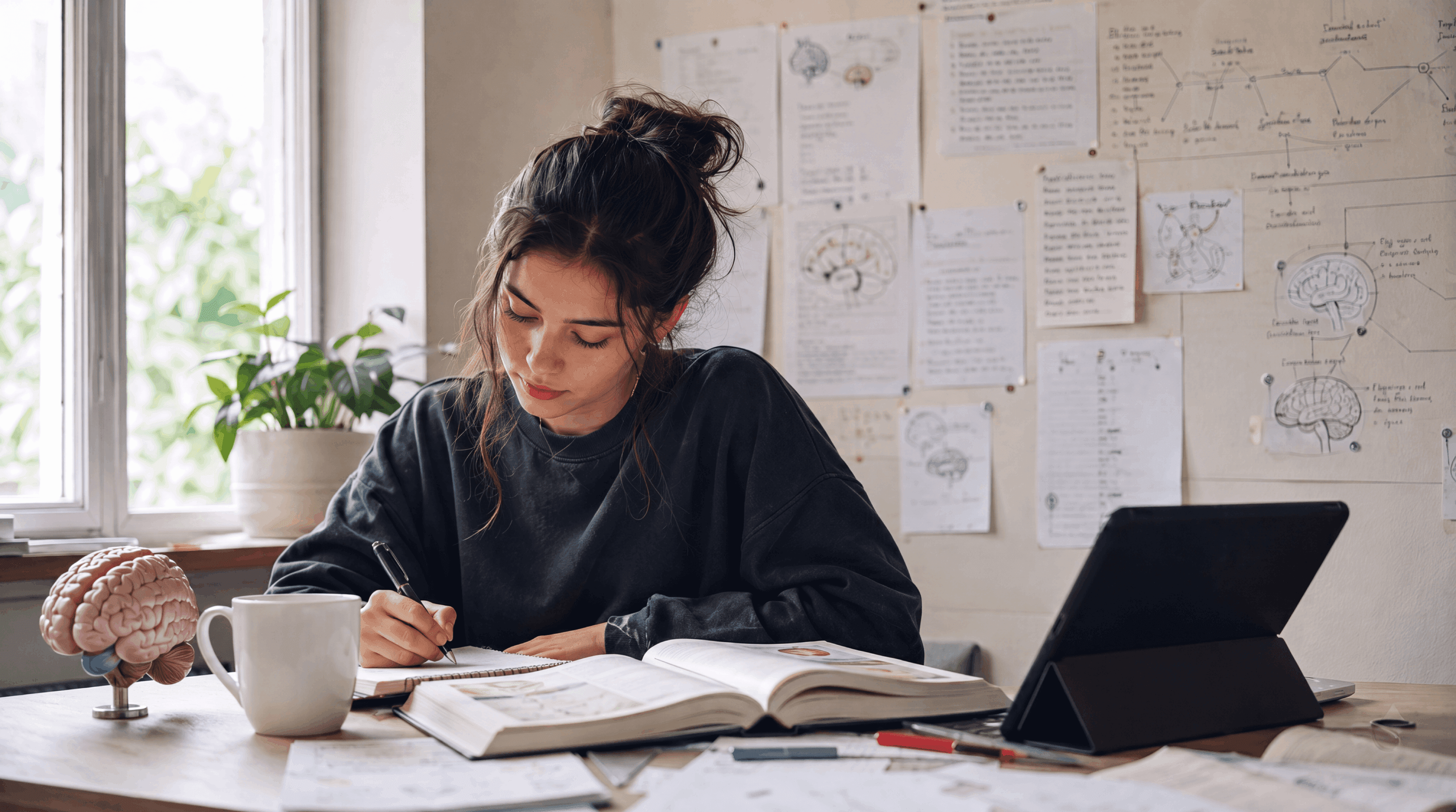 Studentin beim konzentrierten Lernen mit neurowissenschaftlichen Notizen
